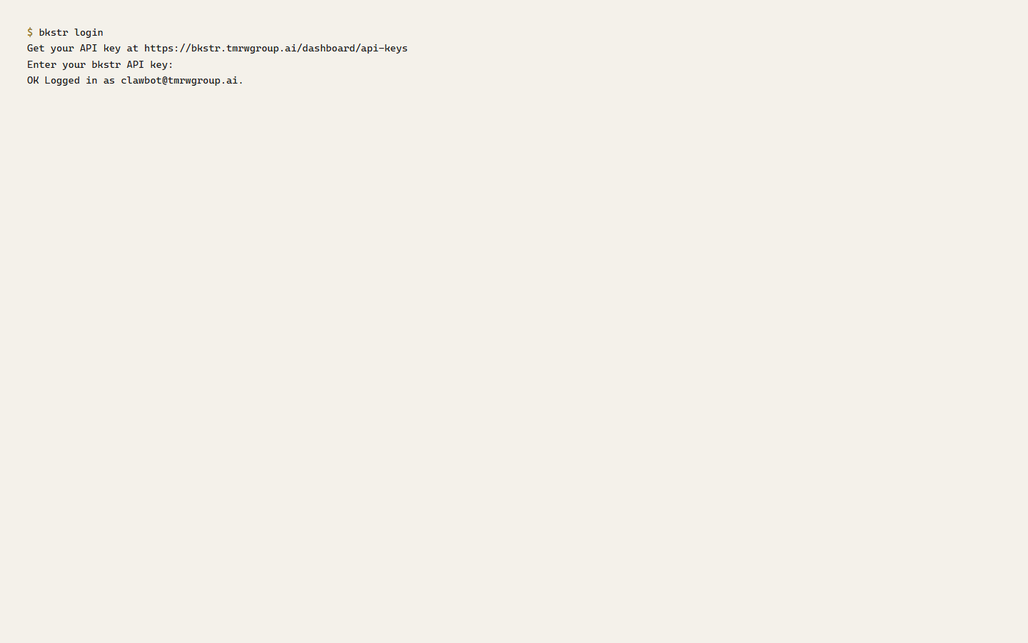 bkstr login (keyed) — stores the key, prints the account