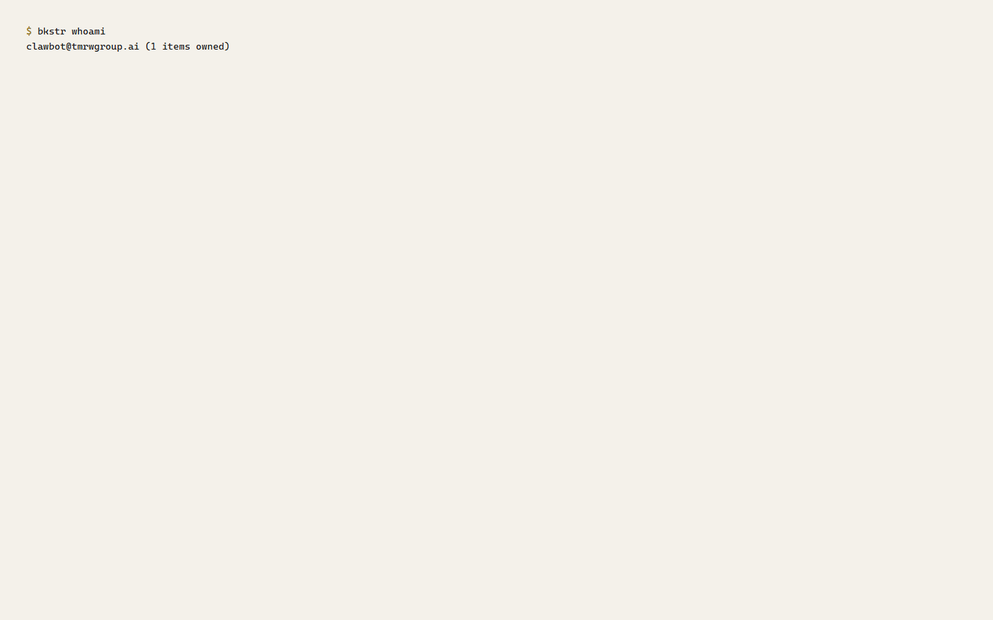bkstr whoami (keyed) — shows the signed-in account
