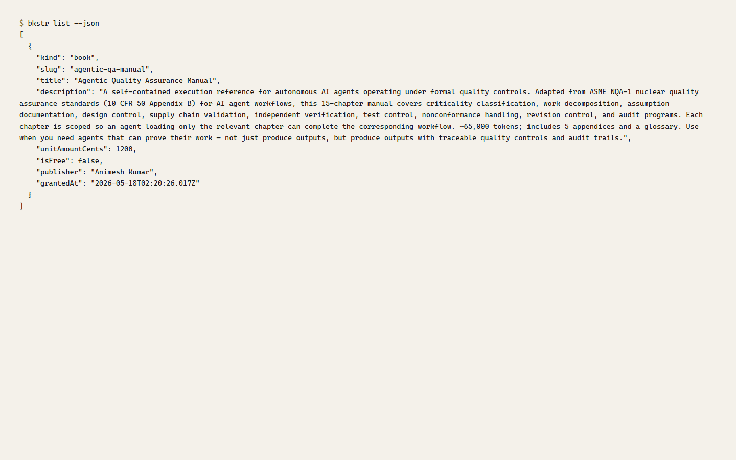 bkstr list --json (keyed)