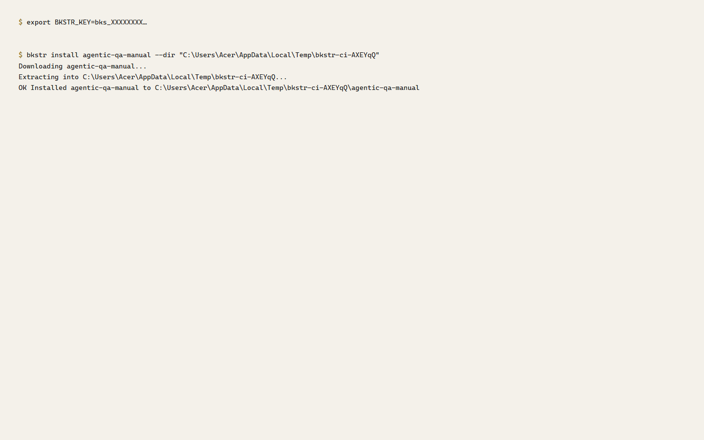 CI-style scripted install with BKSTR_KEY from secrets