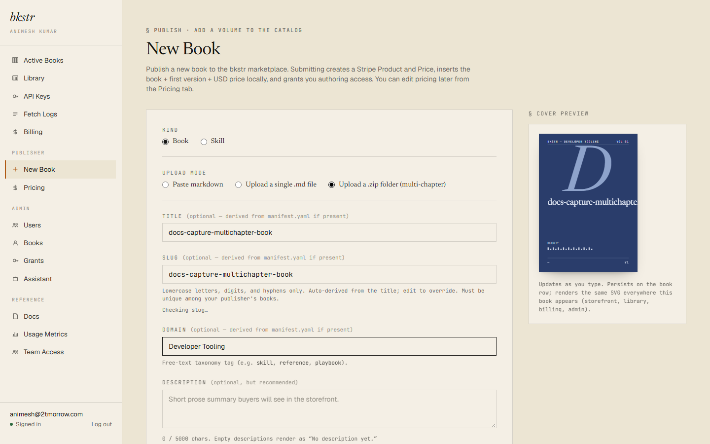 New Book zip mode, multi-chapter-book.zip selected
