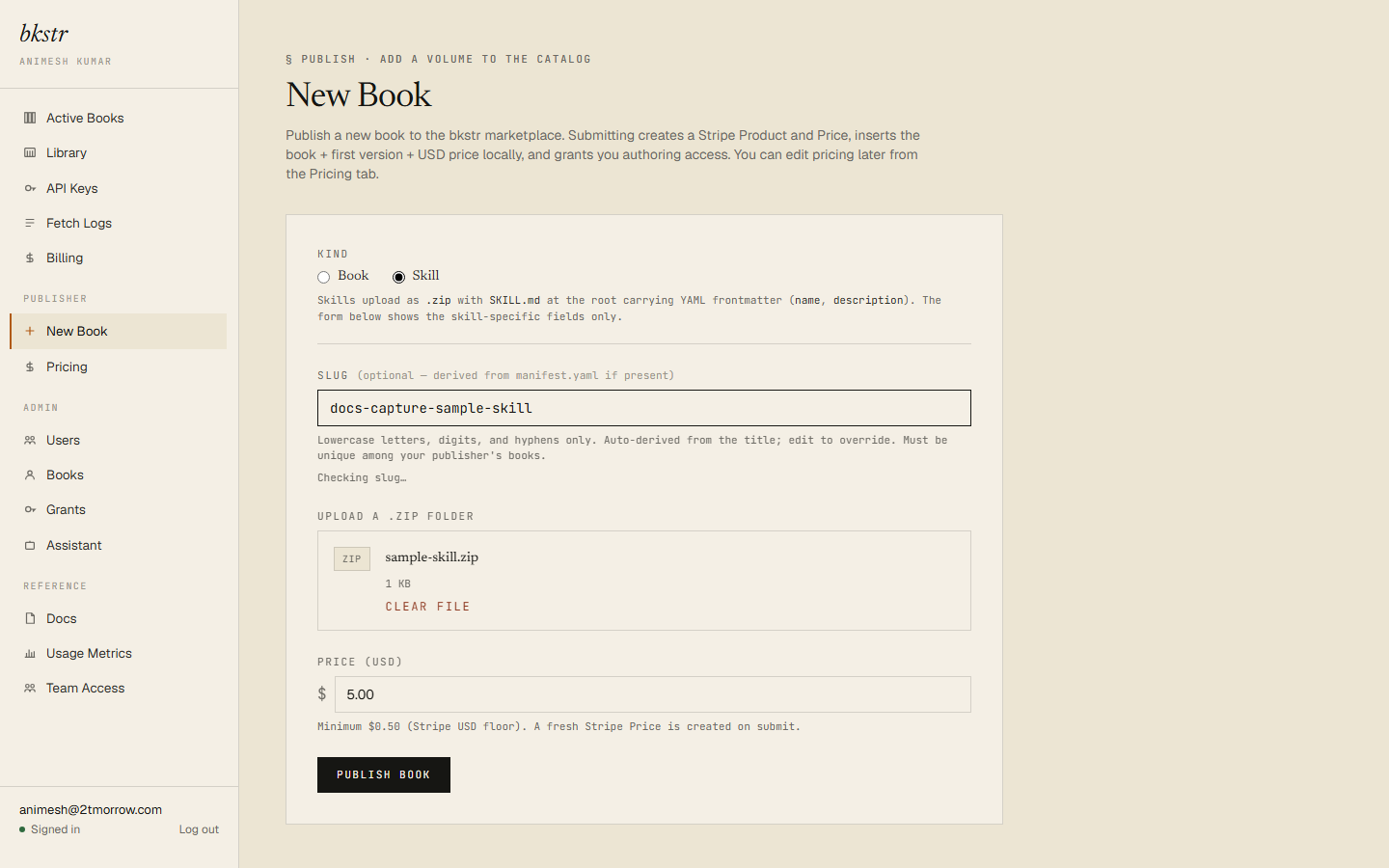 New Skill, sample-skill.zip selected, pre-submit