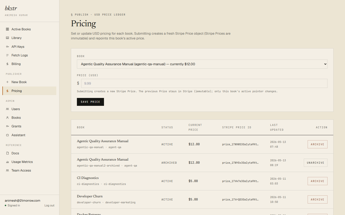 Pricing page — the publisher's catalog list (publisher-scoped)