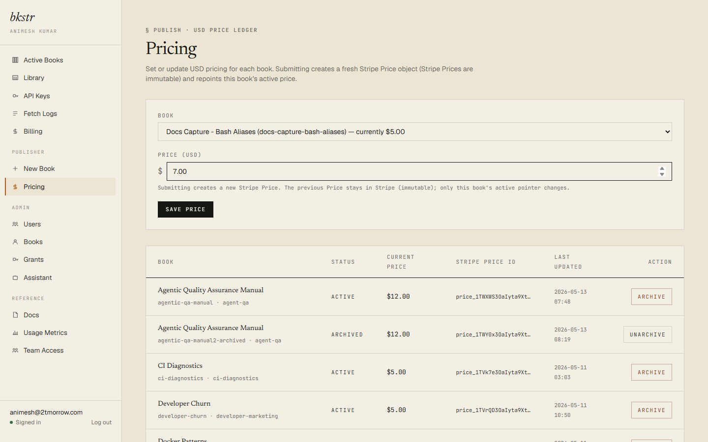 Pricing — editor with a book selected and a new price typed (pre-save)