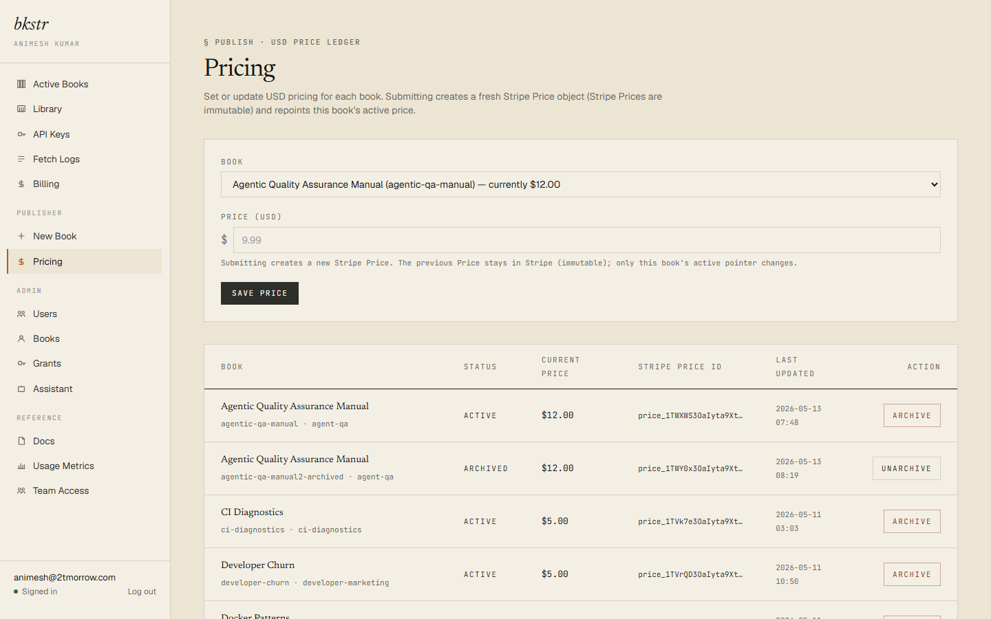 Pricing page after a re-price — new price + Stripe Price on the row