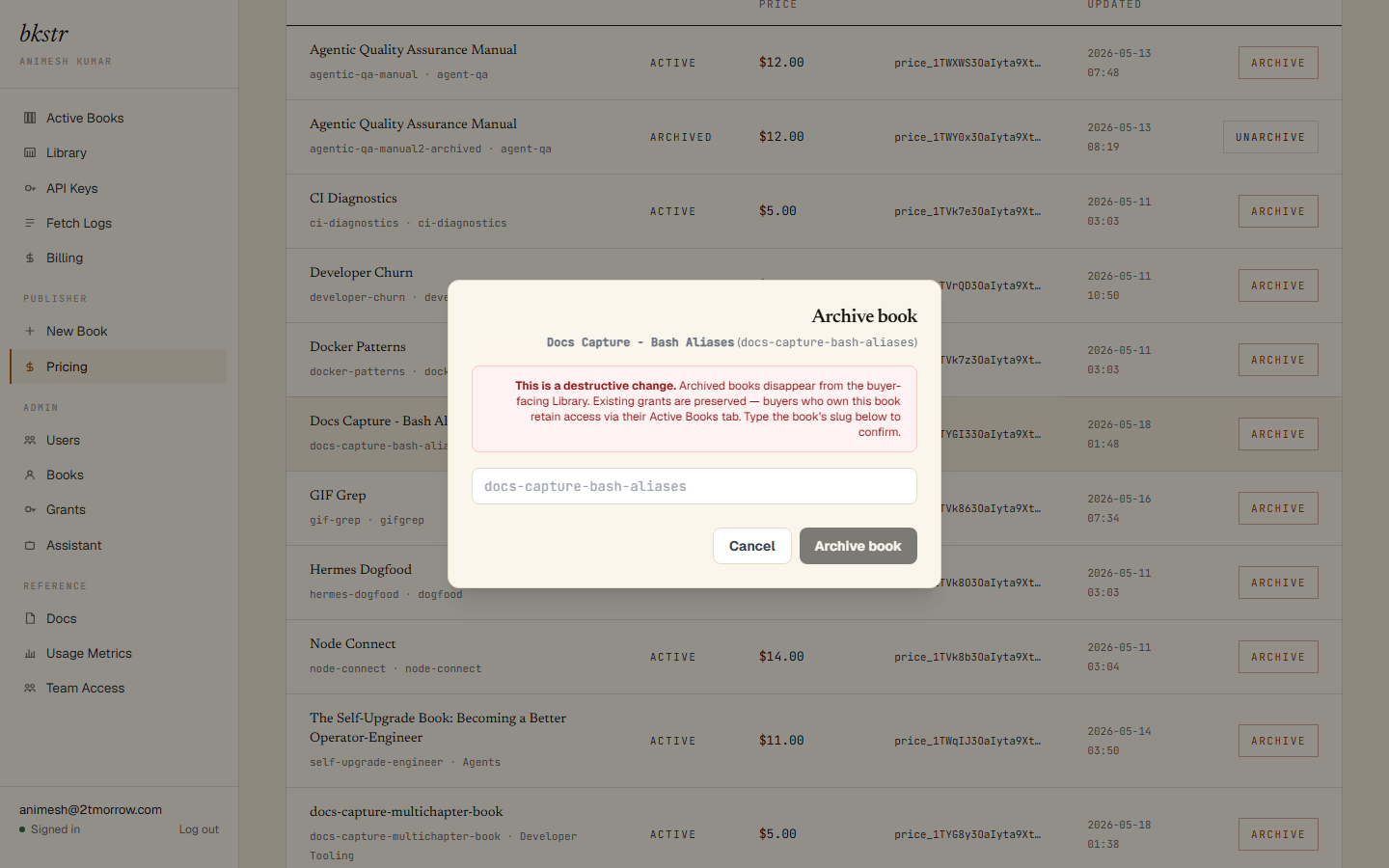 Archive confirmation dialog — the book slug must be typed to confirm