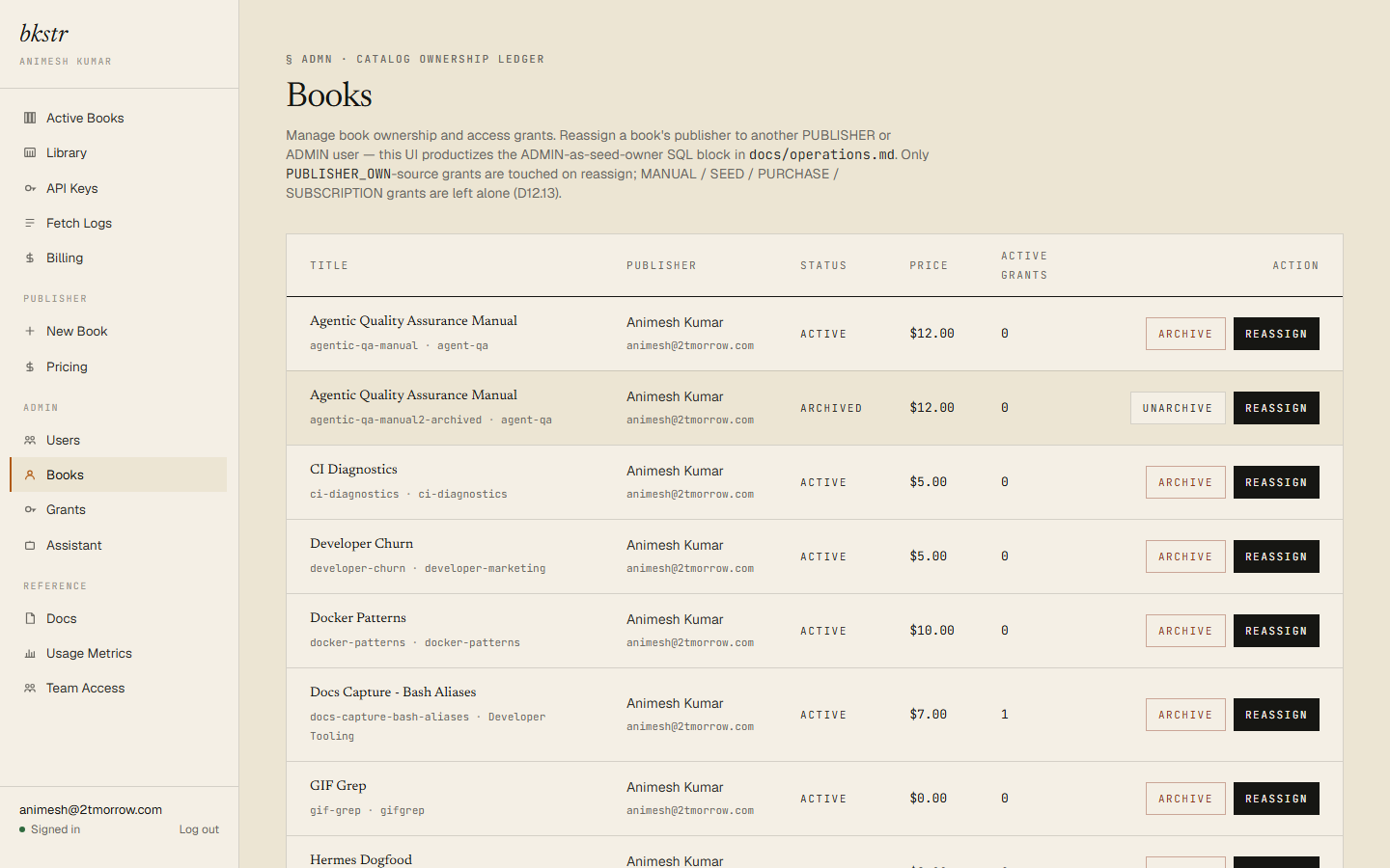 Admin catalog ledger /dashboard/admin/books (non-test data redacted)