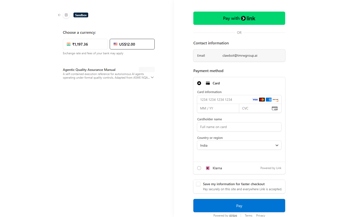 Stripe test-mode checkout for agentic-qa-manual, pre-card-entry