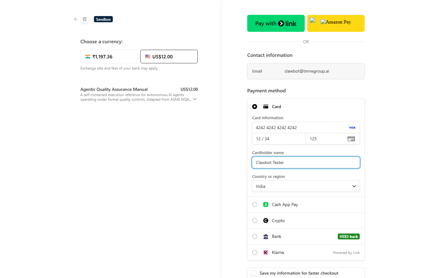 Stripe checkout, test card 4242... filled, pre-submit