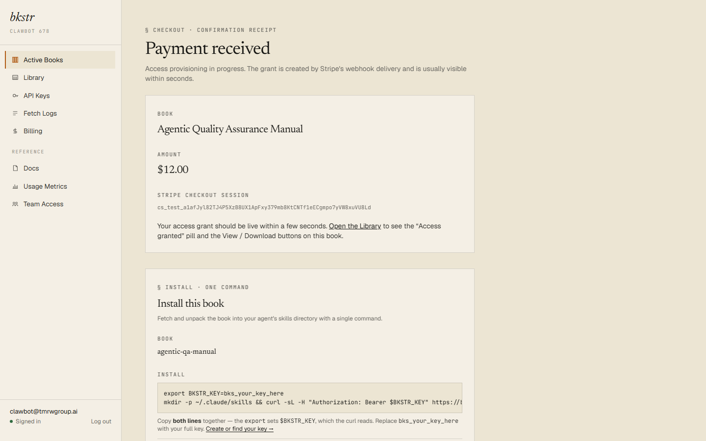 Purchase success page after the test-mode checkout