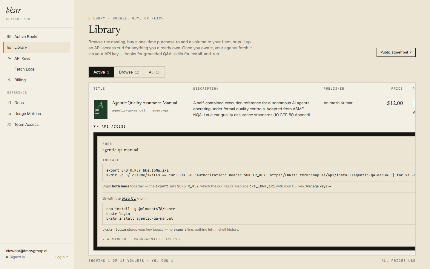 Library — expanded API-access disclosure, real masked key (post-040a21b)