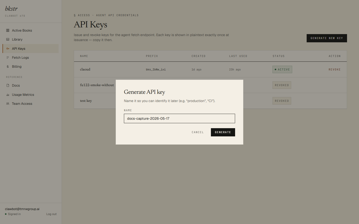 Create a new API key from the dashboard