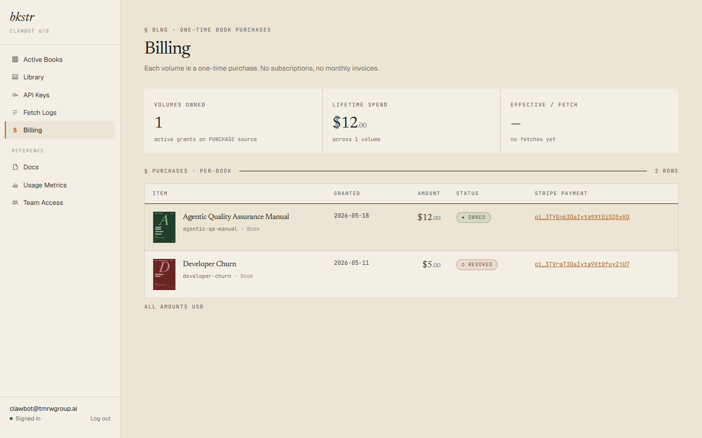 /dashboard/billing — purchases table + 3-stat strip